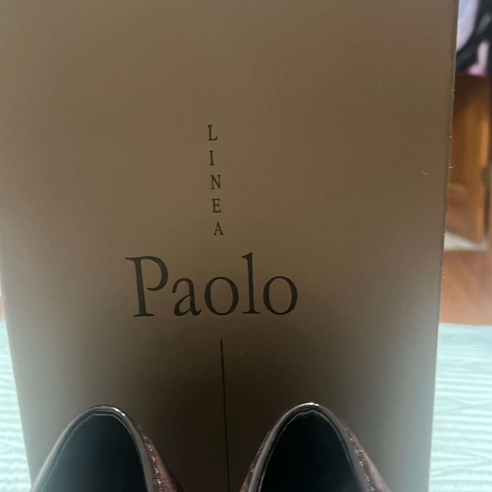 Brown suede and patent leather heel